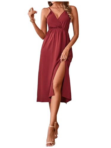 Image of SweatyRocks Women's Tie Backless Split Midi Dresses Sleeveless V Neck Textured Summer Dress