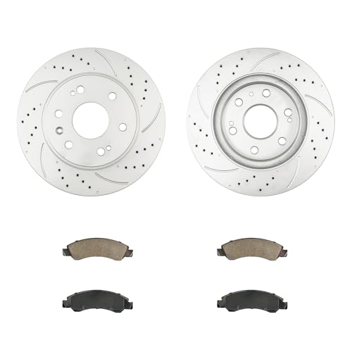 Image of KAX Front Brake Kit Fits Silverado 1500, Sierra 1500, Suburban, Tahoe | for Chevrolet, GMC, Cadillac Models, Drilled and Slotted 13in Brake Rotors 55097, Ceramic Brake Pads D1363