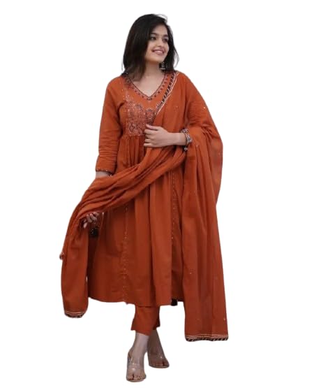 COTTON KURTI PANT WITH DUPATTA SUIT SET EMBROIDERED ANARKALI STYLE (IN, Alpha, XL, Regular, Bright Orange)