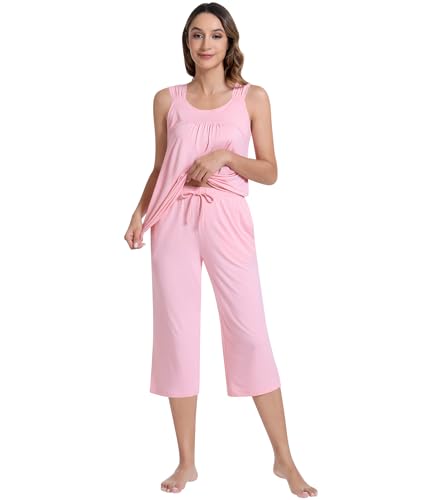 Image of NACHILA Pajamas for Women-Viscose Made from Bamboo, Sleeveless Pjs Top and Capri Pants Pajama Set Cool Pleated Sleepwear