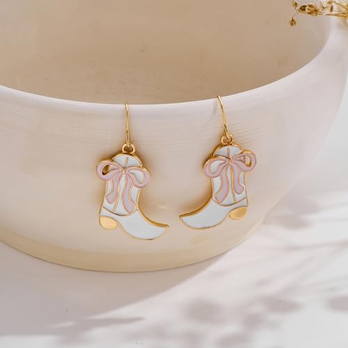 MUYAN Stylish White Cowgirl Boot Earrings with Pink Bow - Enamel Dangle Jewelry for Women, Perfect for Country Concerts and Boho Style - Image 3
