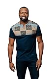 D'IYANU | Dayo Men's African Print T-Shirt | Premium Ankara Comfortable and Traditional | Blue/Tan/Navy | M