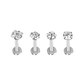 Micropromo 4 pcs 16G Gem Steel Labret Lip Rings Ear Earlet Tragus Cartilage Earrings Stud Monroe Piercing Jewelry for Teen Girls / Girls / Women - Silver