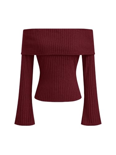 CIDER Off The Shoulder Tops for Women Long Sleeve Going Out Y2K Tops Knit Pullover Fall Outfits Trendy 2025: Red, L