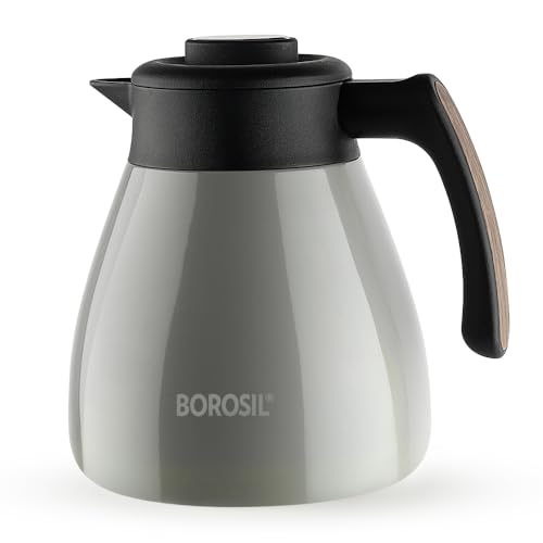 Image of Borosil Stainless Steel Teapot with Handle | Double Wall Vacuum Insulated Thermosteel Carafe | BPA Free Jug for Tea /Coffee & Juice | 18 Hours Hot & 24 Hours Cold | 1 Year Warranty (Grey, 1.5L)