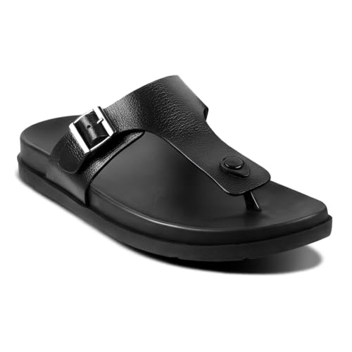Image of BRUTON Men's STRIVO-1141 Wedge Sandals | Adjustable Buckle Toe Ring Comfort Sandals | Lightweight Cushioned Footbed | Anti-Slip Casual Outdoor & Daily Wear Footwear | Black
