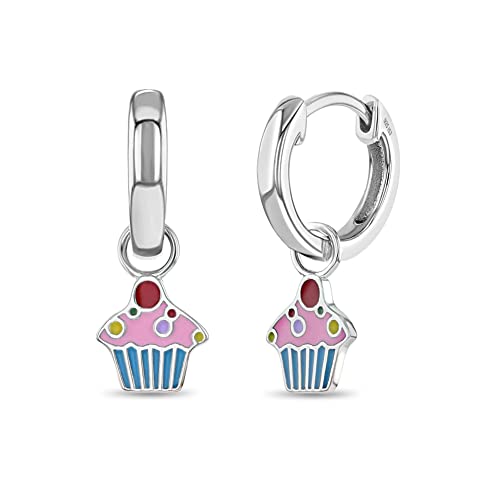925 Sterling Silver Multicolor Enamel Cupcake Dangle Hoop Earrings For Little Girls 10mm - Adorable & Fun Food Themed Jewelry for Young Girls