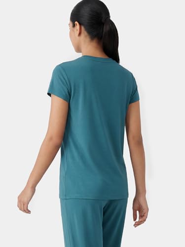 Image of Enamor Short Sleeve Crew Neck Regular Length Basic Crew T-Shirt for Women - Slim Fit, Soft and Breathable Stretch Cotton - E047