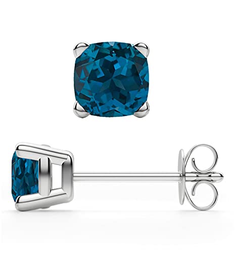 Voss+Agin 14K White Gold Cushion Cut Genuine Birthstone Gemstone 4 Prong Stud Earrings For Women/Girls (6MM) 2.00CTW. (White Gold | London Blue Topaz)