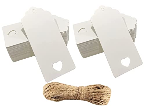 Gift Tags with String Kraft Paper Card 100pcs 9x4cm Luggage tag (White - Heart), 9 x 4 cm