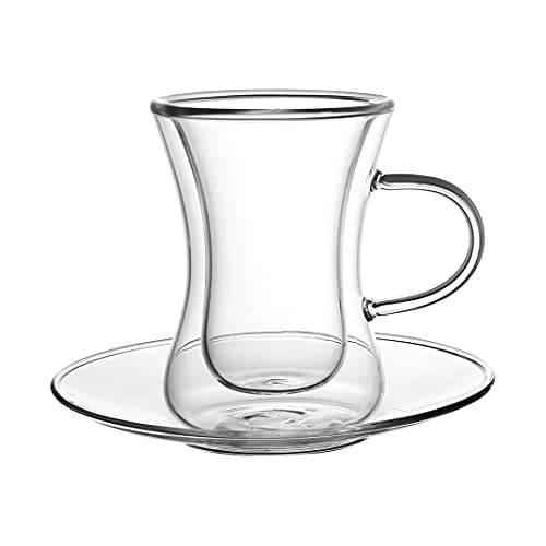 Kadum doppelwandige türkische Teegläser | Thermogläser 6er-Set mit Henkel und Untertasse | 80 ml Thermotassen im Geschenkkarton | hitzebeständiges Çay Glas | Spülmaschinengeeignet doppelwandige Gläser Cover