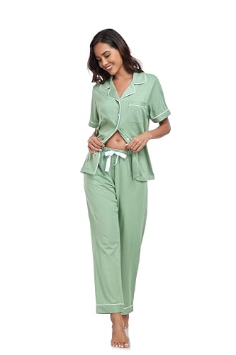 Image of COLORFULLEAF Women's 100% Cotton Pajamas Set Button Down Sleepwear Short Sleeve Shirt and Long Pants Soft Ladies Lounge Sets