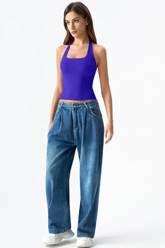 Image of QINSEN Womens Halter Top Double Lined Tank Top Sleeveless Open Back Slim fit Going Out Tops