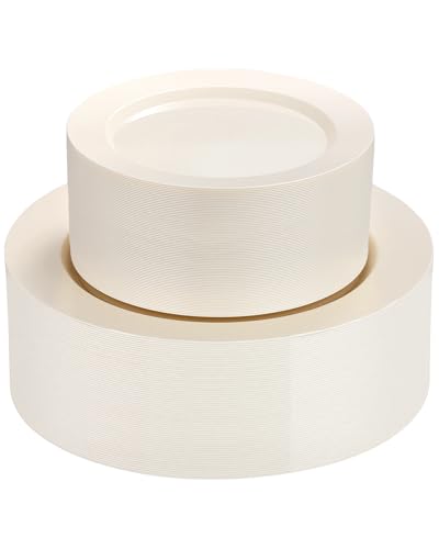 Image of Goodluck 200 PCS Ivory Plastic Plates, Heavy Duty Disposable Ivory Plates with 100 10.25 inch Dinner Plates and 100 7.5 inch Dessert Plates for Party, Holiday, Wedding