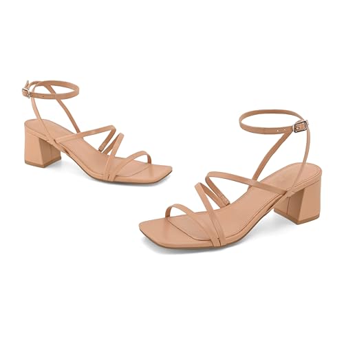 Image of Shoe'N Tale Strappy Heels for Women Low Chunky Block Heel Dress Shoes Square Open Toe Ankle Strap Heeled Sandals