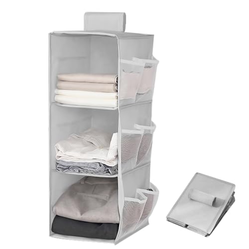 QUMENEY Hängender Kleiderschrank Aufbewahrungsschrank Organisator Hängende Aufbewahrungsregale mit Seitentaschen Kleidung Organisator platzsparend und faltbar Schlafzimmer Lagerung grau