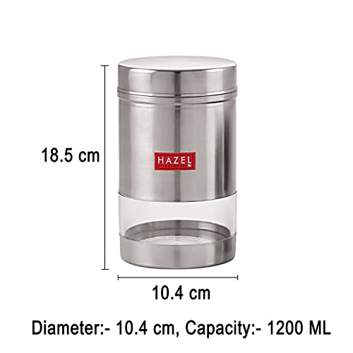 Image of HAZEL Stainless Steel Kitchen Container | 1200 ml Each Transparent Kitchen Container Set with Glossy Finish | Multipurpose Airtight Container for Kitchen Storage organizer, Set of 6