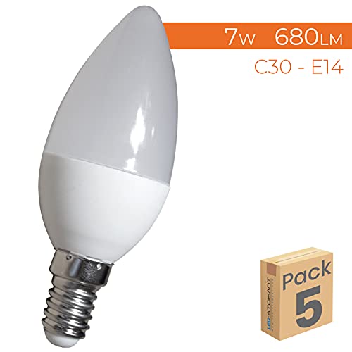 Lot de 5 Ampoule LED Bougie C30 7W, Culot E14, Couleur Blanc Froid (6500K), 680 Lumens