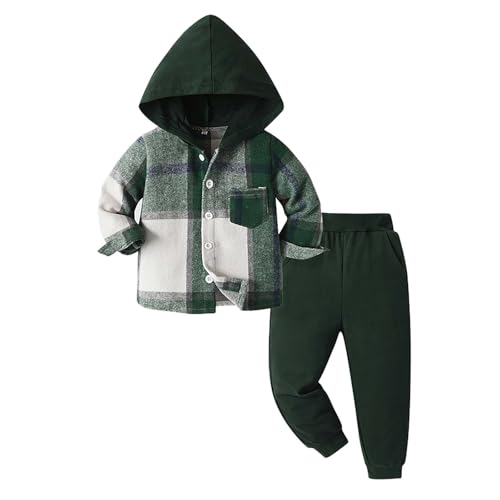 Boys Plaid Hood Sweatshirt Jacket Set Toddler Kids Long Sleeve Button Down Hoodies Outerwear & Sweatpants Sets