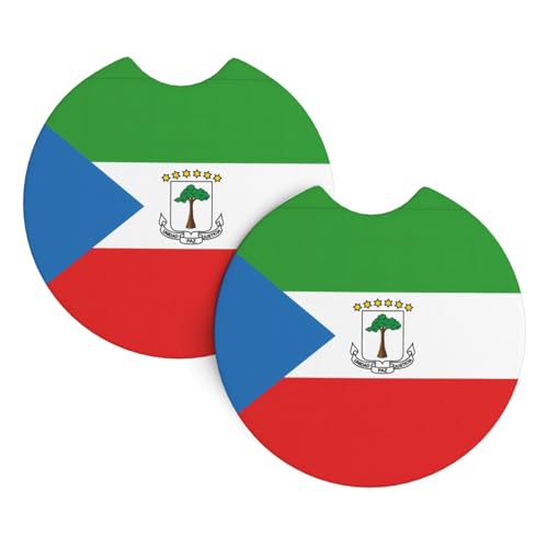 Lot de 2 dessous de verre absorbants avec drapeau de la Guinée équatoriale pour voiture, 6,8 cm de diamètre, accessoires automobiles, voitures, camions, VUS