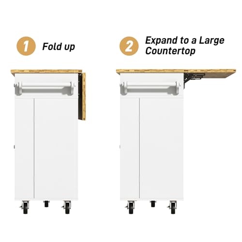 55" W Rolling Kitchen Island with Drop Leaf – Movable Kitchen Carts on Wheels Island with Storage Cabinet, Island Table for Kitchen with Rubber Wood Top and Rack and Drawers, Matte, White