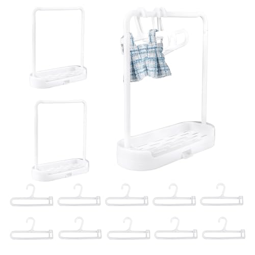 2 percheros para ropa de muñeca con 10 perchas, de plástico, elegante, color blanco, para ropa, mini armario para accesorios de casa de muñecas