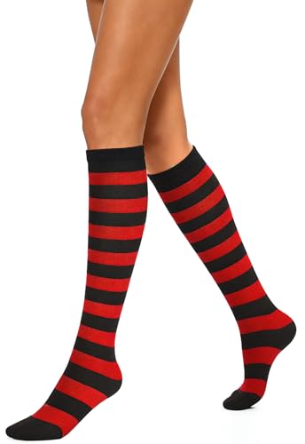 Glamorstar Striped Knee High Socks for Women Cute Cosplay Party Calf Socks B4 Black Red