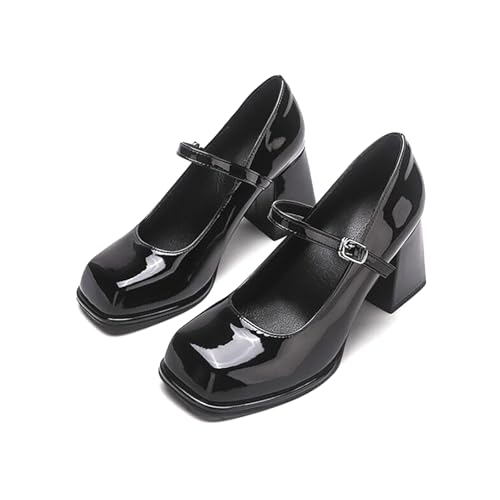 Women's Patent Leather Mary Jane Pumps Square Toe Chunky High Heel with Buckle Comfortable Dress Shoes for Sexy Casual Work Office Wear