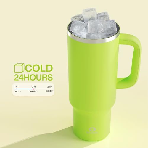 Image of ENCOOL 40 oz Tumbler with Handle and Straw: Stainless Steel Insulated Tumbler Keeps Cold for 24 Hours, Leakproof Travel Cup Fits in Cup Holder and BPA-Free,Sharp Green