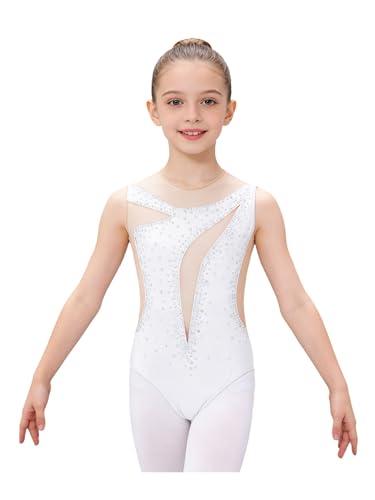 iiniim Leotardo Gimnasia Ritmica Niña Body Ballet Clásico de Patchwork de Malla con Diamantes de Imitación Maillot de Baile Competición Blanco 5-6 años