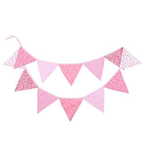 G2PLUS Double Sided Fabric Bunting Banner, Two Layer Triangle Floral Bunting, 3.3M with 12PCS Pink Floral Pennants, Cotton Shabby Chic Garland for Bedroom Brithday Tea Party Decorations