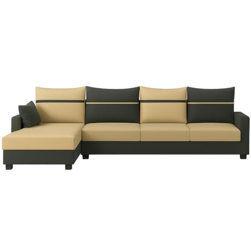 Image of CASASTYLE Wallis 5 Seater Fabric LHS L Shape Sofa Set (Beige-Dark Grey) Velvet Finish | Comfortable Sectional Sofa for Living Room