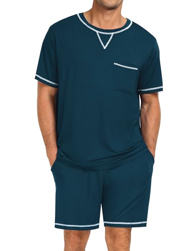Image of SWOMOG Mens Pajamas Set Summer Sleepwear Short Sleeve Pjs Set Soft 2 Piece Lounge Set Comfy Loungewear with Pockets