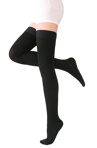Image of TOFLY Thigh High Compression Socks for Women & Men, Closed Toe 15-20mmHg Graduated Medical Compression Stockings with Silicone Band, Opaque Support Stockings for Varicose Veins, Edema, DVT,Black L