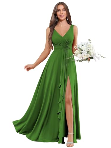 Image of BOLENSYE Bridesmaid Dresses Long Ruched Ruffles Chiffon A Line Evening Party Gown with Pockets Slit