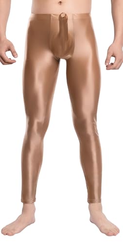 Men's Sissy Glossy Shiny Compression Pants See Through Bulge Pouch Smooth Legging Cross Dresser Mesh Sheer Tight Elastic Waist Gym Workout Lounge Pants Brown L