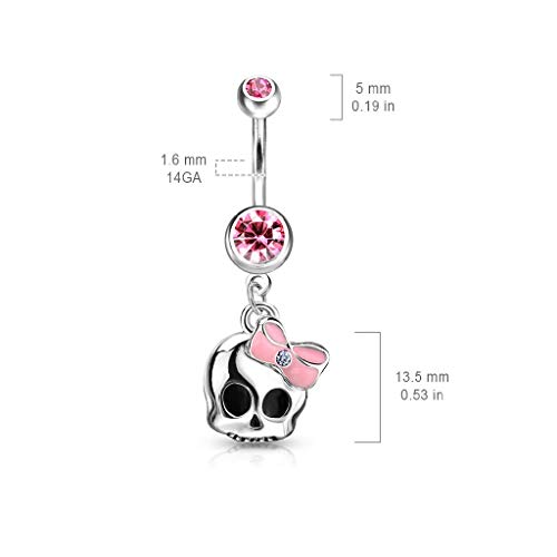 14G 316L Surgical Steel Cute Skull with Paved Gem and Epoxy Bow Navel Belly Ring2