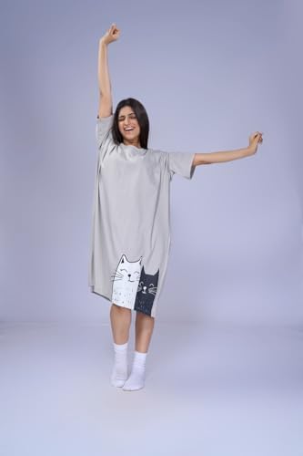 Image of LAMA STORE Women's Printed Oversized T-Shirt Dress, Cotton, 3 /4 Sleeve Length, Casual Loose Fit, Comfort Wear Extra Comfy Oversized Printed Pocket T-Shirt Dress