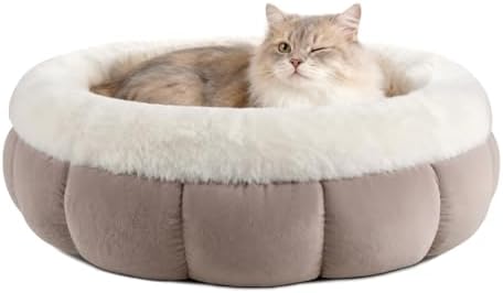 EDMIENS Katzenbett Klein, Katzenbett Flauschig Waschbar, Katzen Bett Indoor, Katzenkissen Braun, Rund Katzenkörbchen mit Rutschfester Basis, Katzenschlafplatz für Katzen, Kleine Hu
