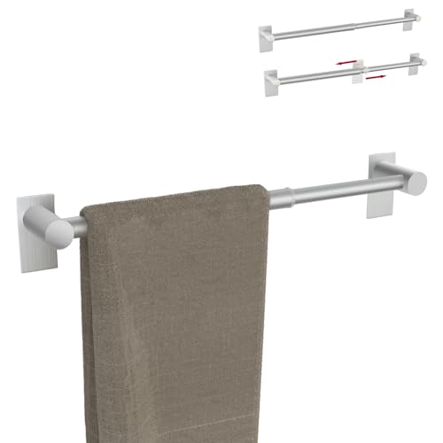 HOMOTEK Towel Bar Adjustable Self Adhesive Bathroom Towel Holder, Towel Rod Size from 14 Inch to 24.5 Inch Single Towel Racks, Towel Hanger Towel Hook for Bathroom, Kitchen(2 Pack Brushed Nickel)
