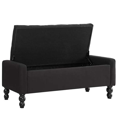 Image of 50 inch W Storage Ottoman Bench with Safety Hinge, Load up to 660 lb Ottoman with Storage, Upholstered Tufted Entryway Bench with Seating for Living Room, Bedroom, Entryway, Black