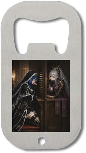 Abridor de botellas de acero inoxidable, diseño de confesión medieval con mujer blindada, color plateado