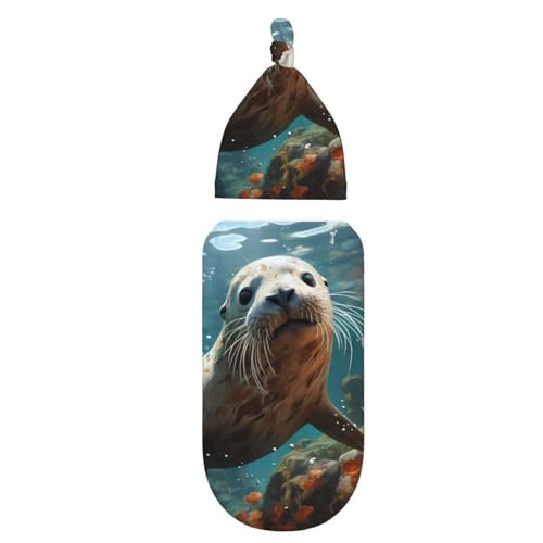 Seal pup in Water Print Newborn Swaddle Blanket with Beanie Set, Soft Baby Sleep Sack Receiving Wraps, for Boy Girl