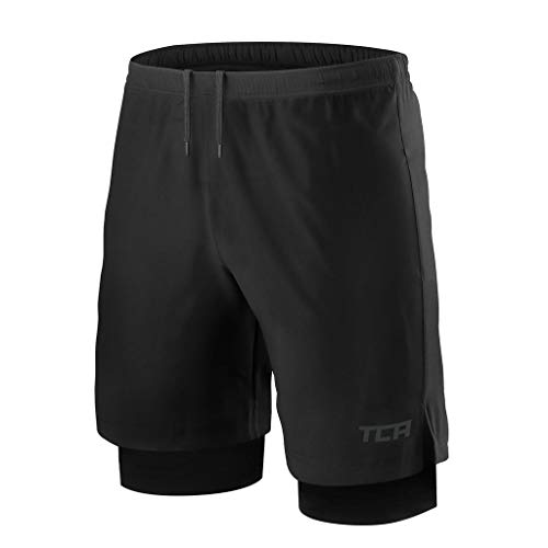 TCA Homme Ultra 2 en 1 Short de Course à Poches Zippées & Short de Compression Intérieur - Noir/Noir, M