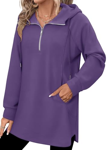 onlypuff Women Hoodie Pullover Trendy Quarter Zipper Lapel Sweatshirts Drawstring Cute Hooded Tunic Tops with Side Pockets