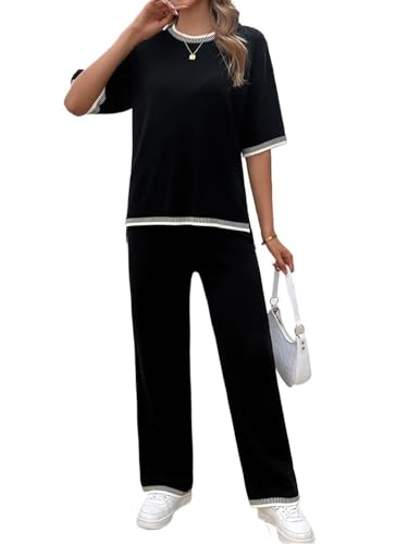 Ensemble pull tricoté pour femme avec top manches courtes et pantalon long décontracté