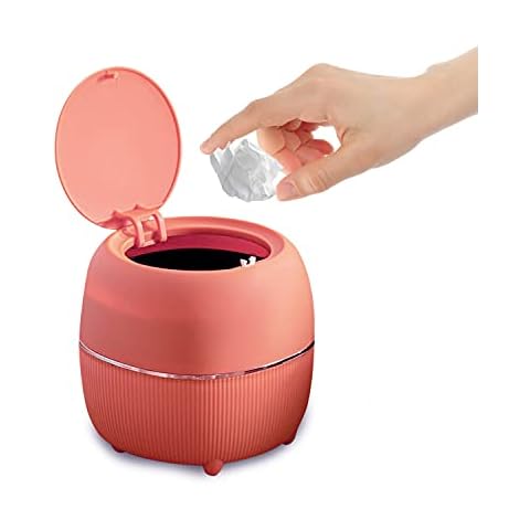 AnyCar Mini Desktop Waste Bin,Round Press-Type Trash Bin with Lid,Plastic Small Garbage Can Countertop Trash Can for Home Kitchen Bathroom Office (Pink) Cover