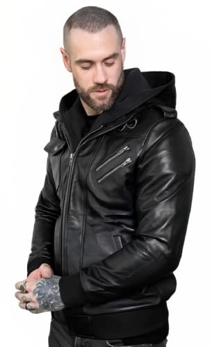 Image of Mens Genuine Black /Brown Hooded Bomber Leather Jacket Real Lambskin Waxed with Removable Hood