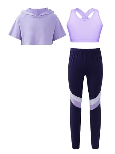 Hansber Kids Girls 3pcs Gymnastics Sports Outfits Hoodies with Crop Tank Tops Leggings Set Gym Yoga Running Activewear