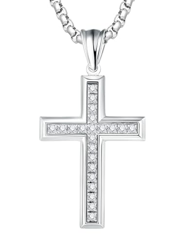 Cross Necklace for Men Stainless Steel Crucifix Pendant Silver White Gold Yellow Black Jesus Christ Plain Simple Women Fine Jewelry Gifts, 24 Inches Rolo Chain, Zirconia, Polished, Rope